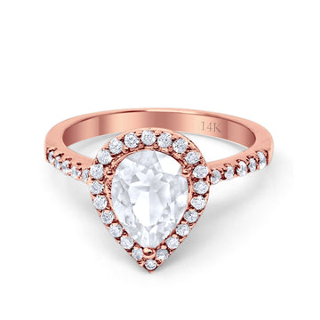 14K Rose Gold Halo Teardrop Bridal Filigree Ring Simulated Cubic Zirconia